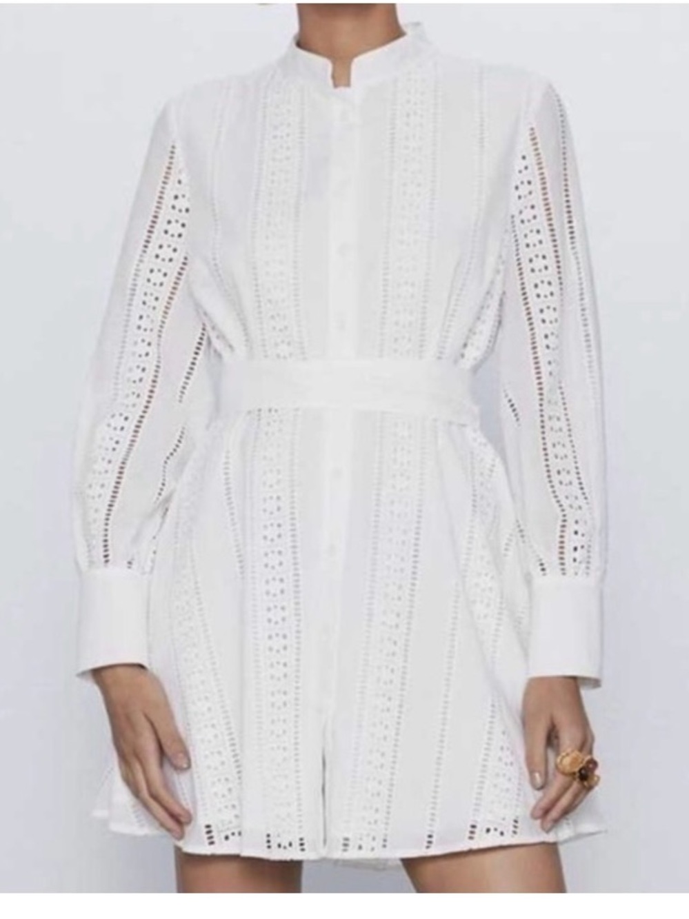 Zara White Broderie Anglaise Long-Sleeve Mini Dress with Waist Tie